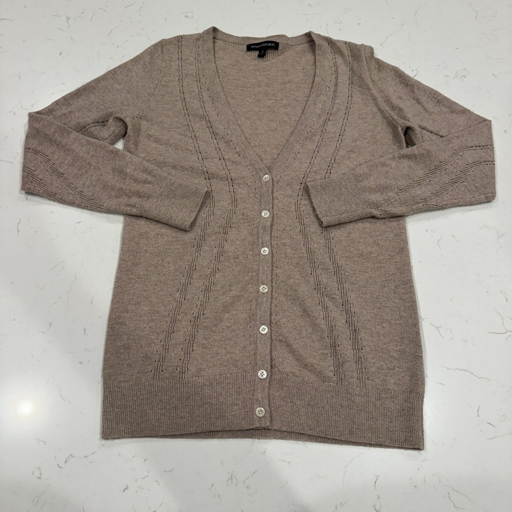 Banana Republic Merino Wool Cashmere Pointelle Cardigan Brown Tan Womens Small